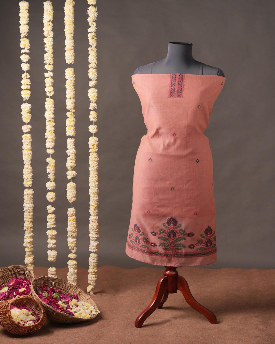 Terracotta Rose and Forest Green Muga Cotton Unstitched Suit Set