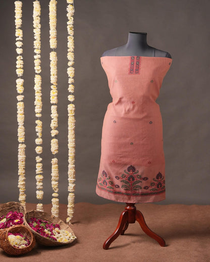 Terracotta Rose and Forest Green Muga Cotton Unstitched Suit Set