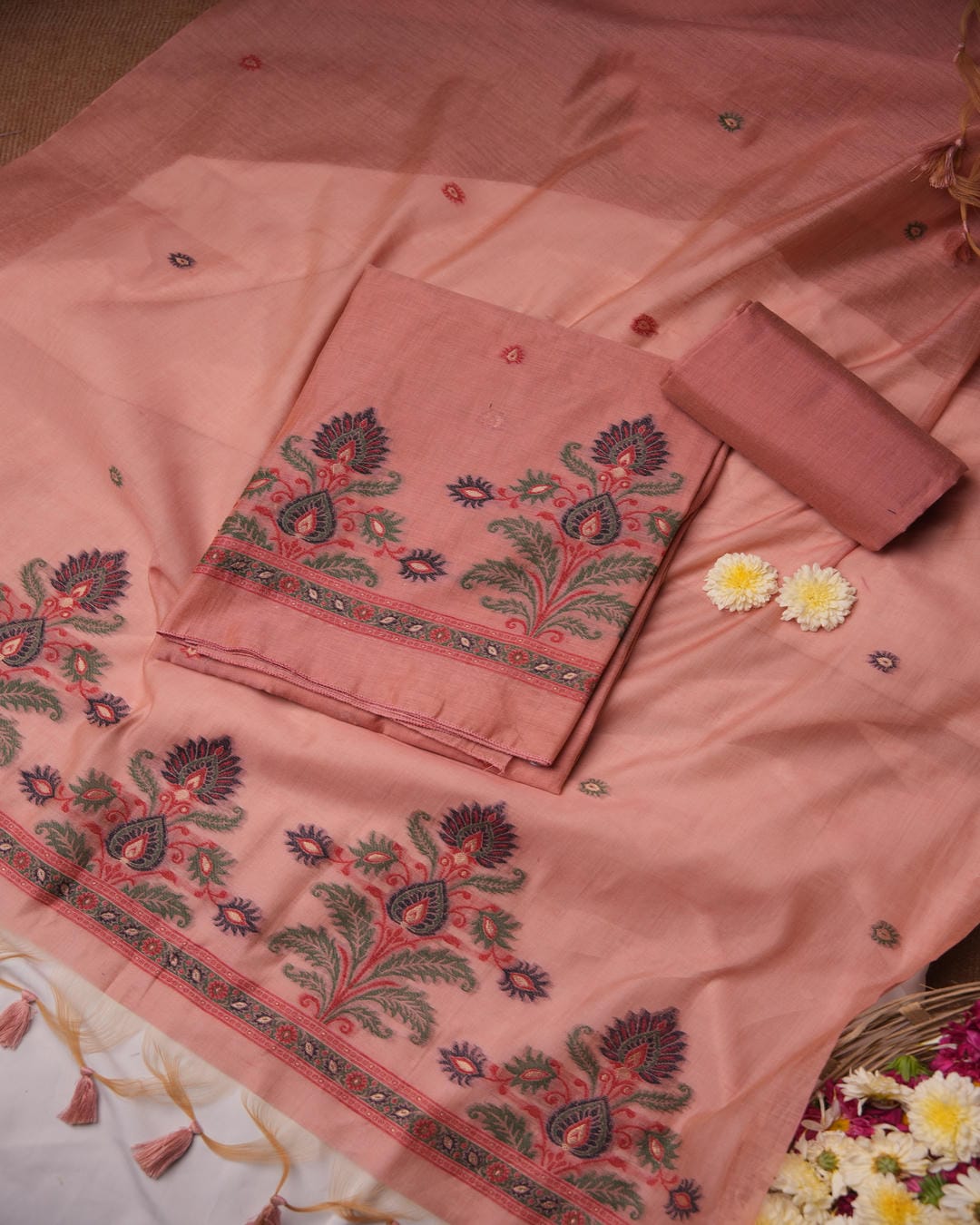Terracotta Rose and Forest Green Muga Cotton Unstitched Suit Set