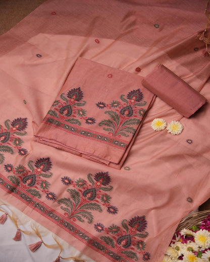Terracotta Rose and Forest Green Muga Cotton Unstitched Suit Set