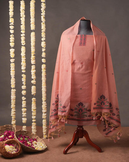 Terracotta Rose and Forest Green Muga Cotton Unstitched Suit Set