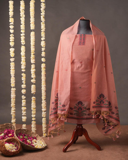 Terracotta Rose and Forest Green Muga Cotton Unstitched Suit Set