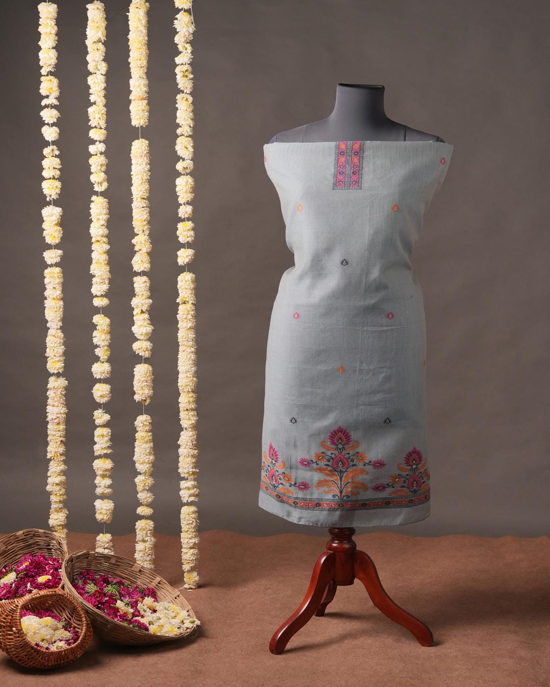 Powder Grey and Magenta Muga Cotton Unstitched Suit Set