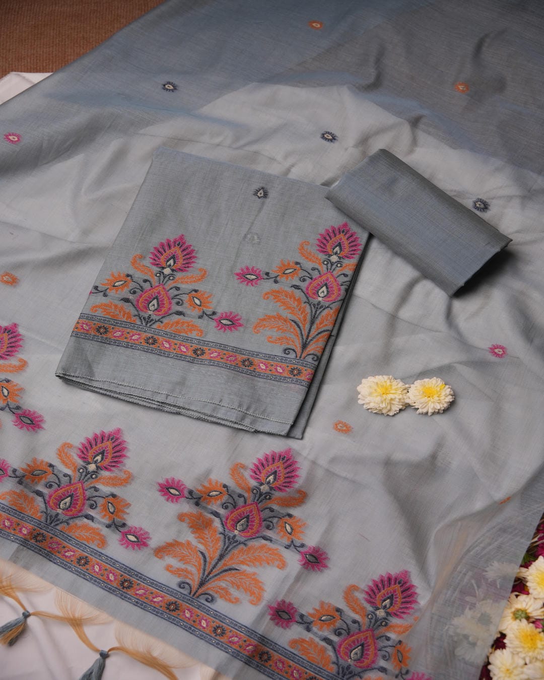 Powder Grey and Magenta Muga Cotton Unstitched Suit Set