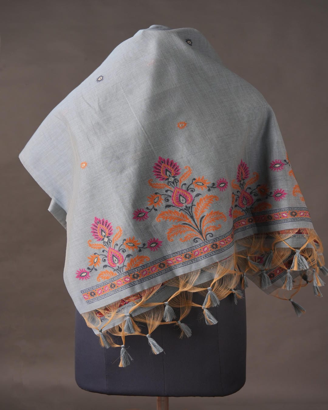 Powder Grey and Magenta Muga Cotton Unstitched Suit Set