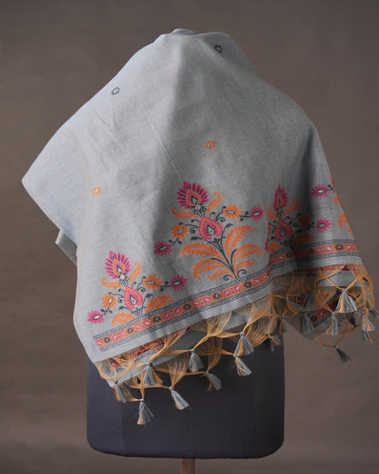 Powder Grey and Magenta Muga Cotton Unstitched Suit Set