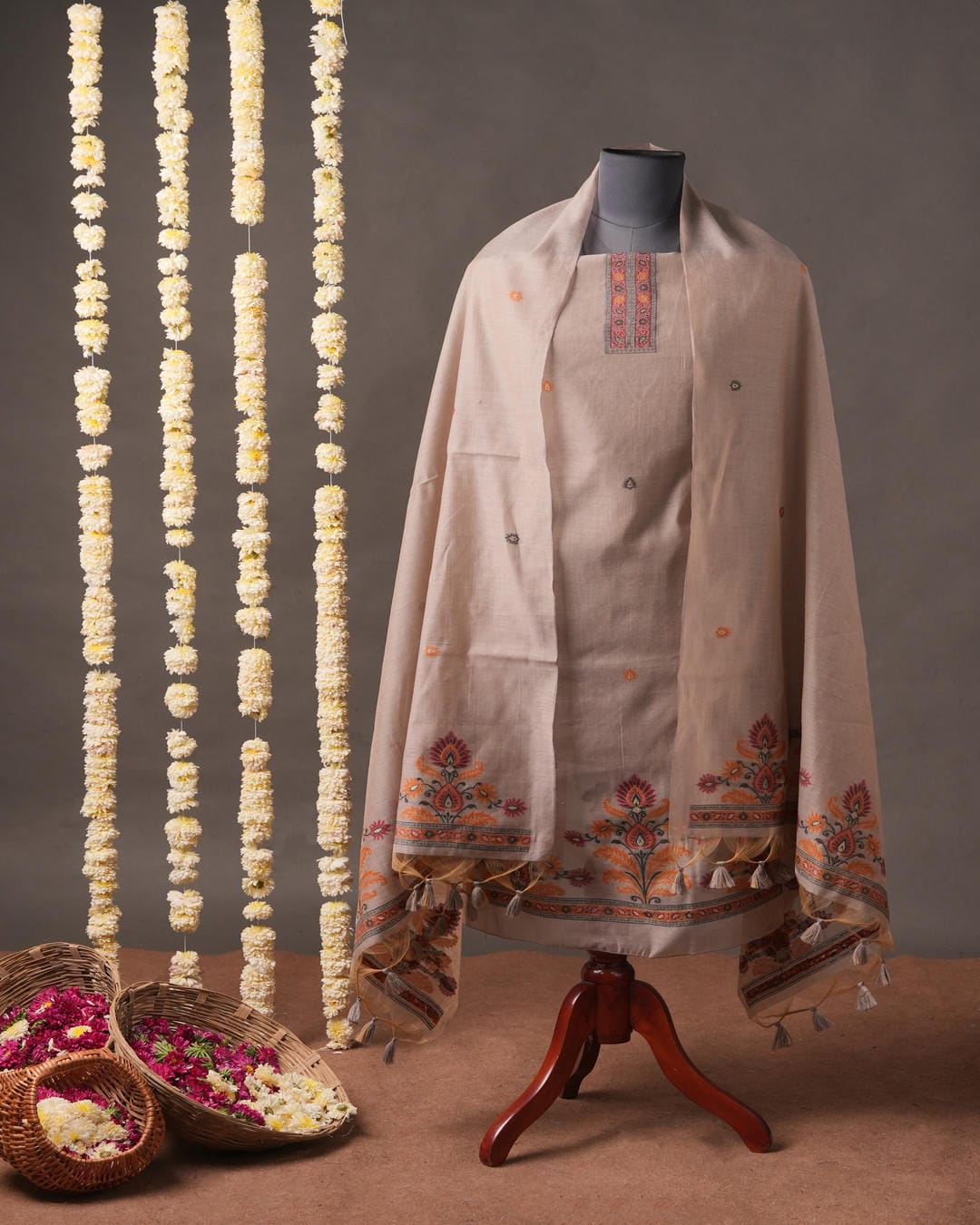 Terracotta Rose and Forest Green Muga Cotton Unstitched Suit Set