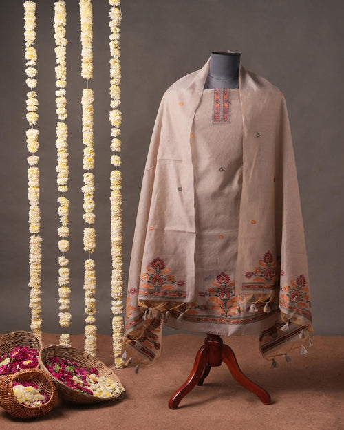 Warm Beige Muga Cotton Unstitched Suit Set