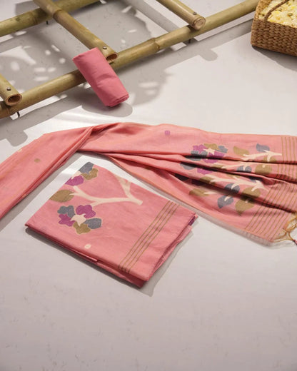 Rose Bliss – Pink Muga Cotton Unstitched Suit with Lotus Motifs