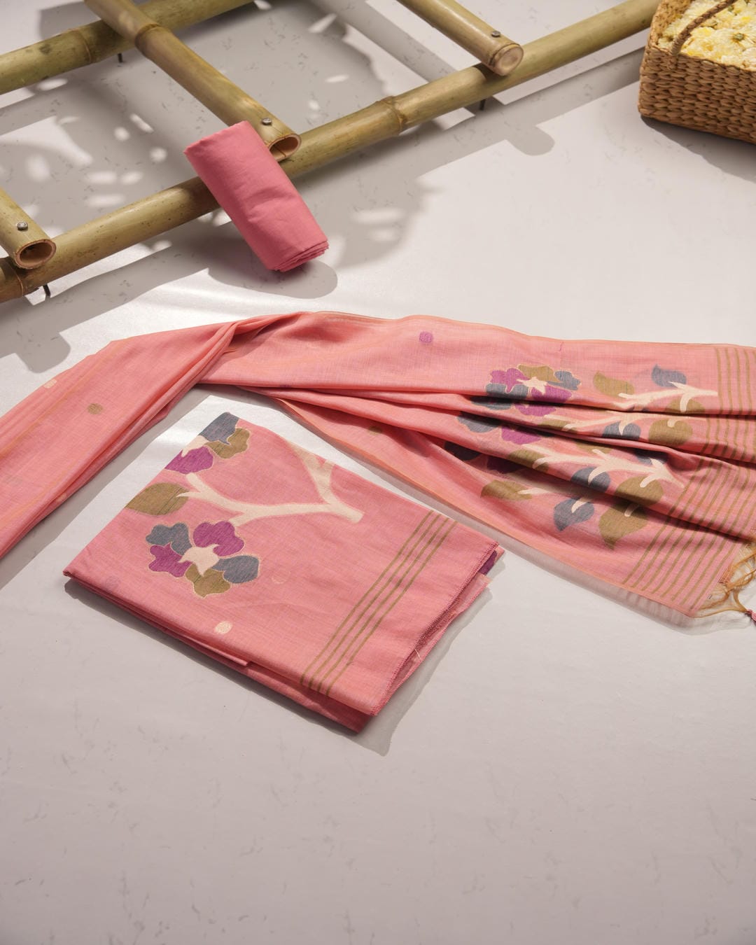 Rose Pink and Pastel Flora Muga Cotton Unstitched Suit Set.