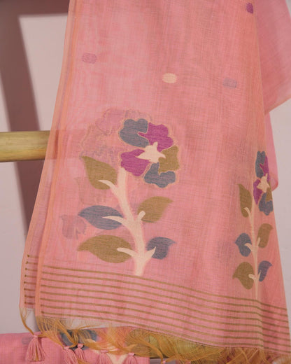 Rose Pink and Pastel Flora Muga Cotton Unstitched Suit Set.