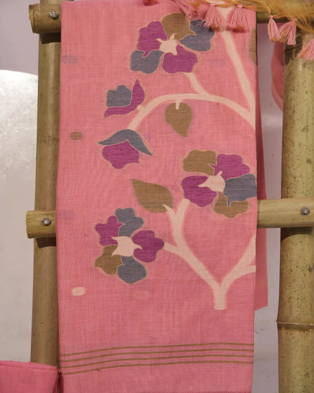 Yellow Lotus Arch Muga Cotton Unstitched Suit Material with Printed Dupatta