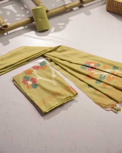 LIme Yellow and Multi-Tone Flora Muga Cotton Unstitched Suit Set.