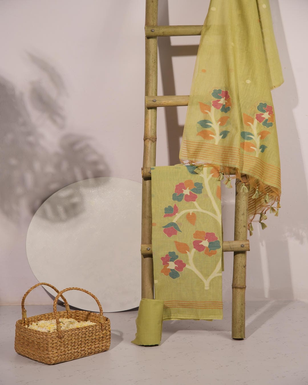 LIme Yellow and Multi-Tone Flora Muga Cotton Unstitched Suit Set.