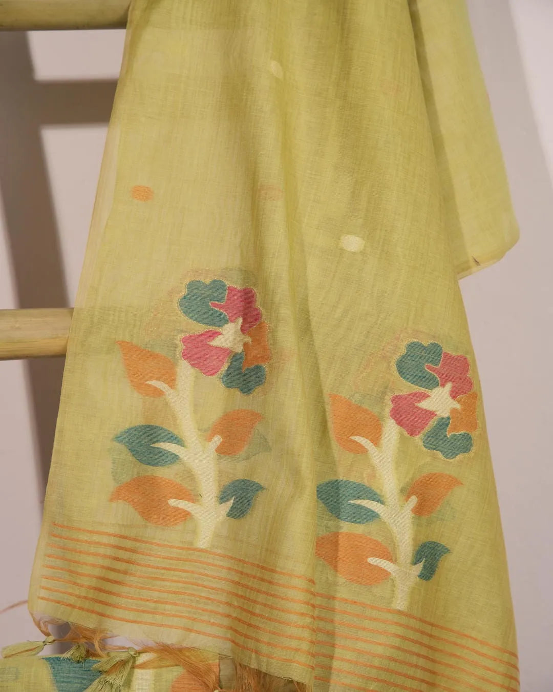 Yellow Lotus Arch Muga Cotton Unstitched Suit Material with Printed Dupatta