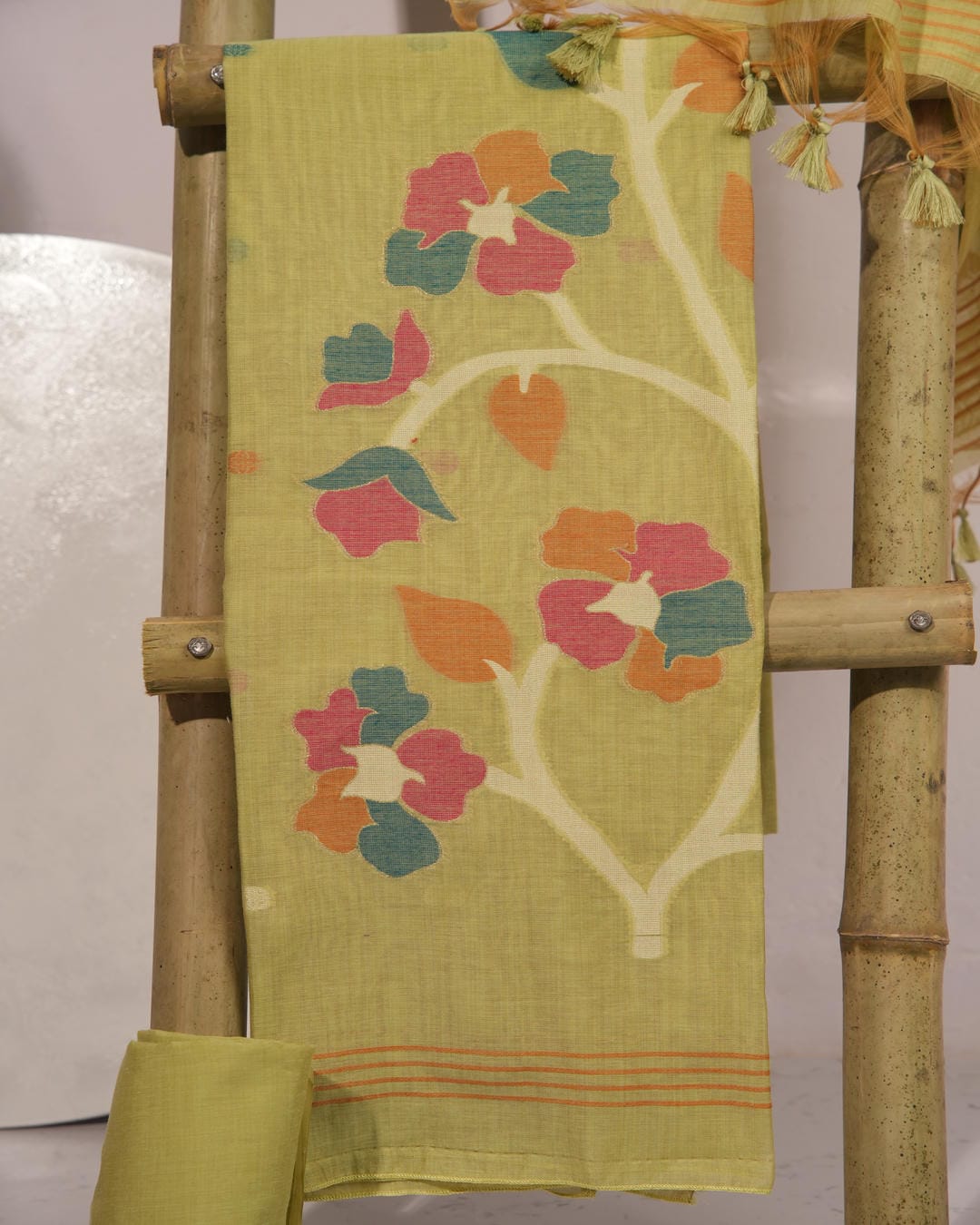 LIme Yellow and Multi-Tone Flora Muga Cotton Unstitched Suit Set.