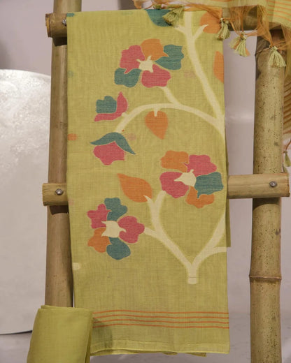 Azure Breeze – Sky Muga Cotton Unstitched Suit with Lotus Motifs