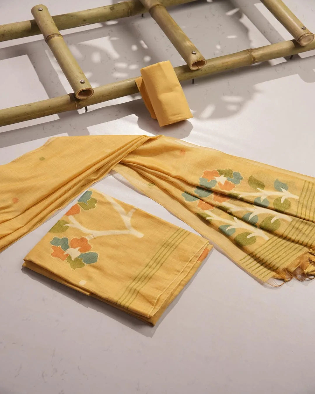 Yellow Lotus Arch Muga Cotton Unstitched Suit Material with Printed Dupatta
