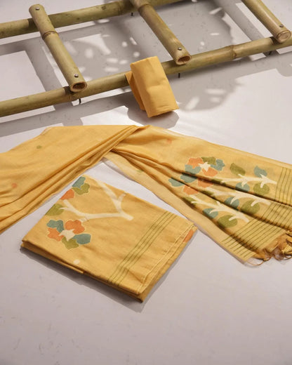 Yellow Lotus Arch Muga Cotton Unstitched Suit Material with Printed Dupatta