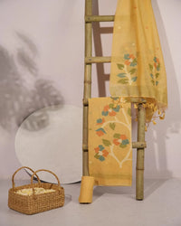 Yellow Lotus Arch Muga Cotton Unstitched Suit Material with Printed Dupatta