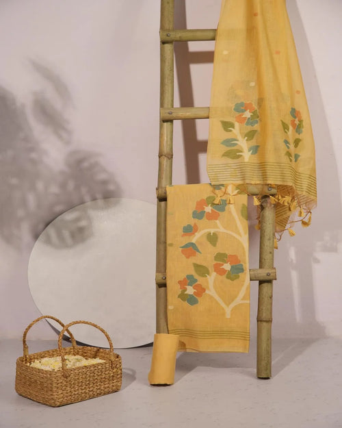 Yellow Lotus Arch Muga Cotton Unstitched Suit Material with Printed Dupatta
