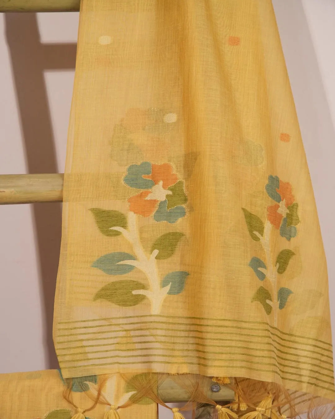 Yellow Lotus Arch Muga Cotton Unstitched Suit Material with Printed Dupatta