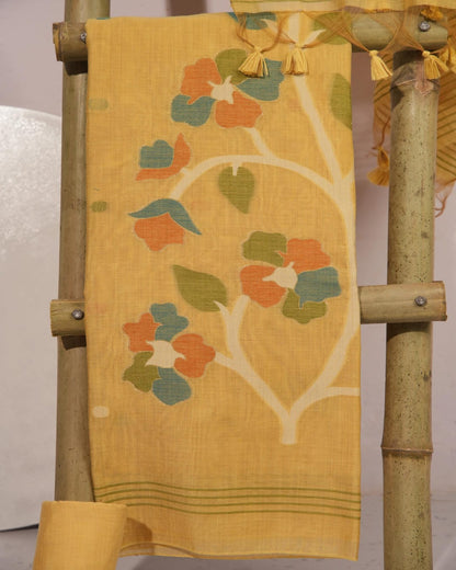 Mustard Yellow and Multi-Tone Flora Muga Cotton Unstitched Suit Set