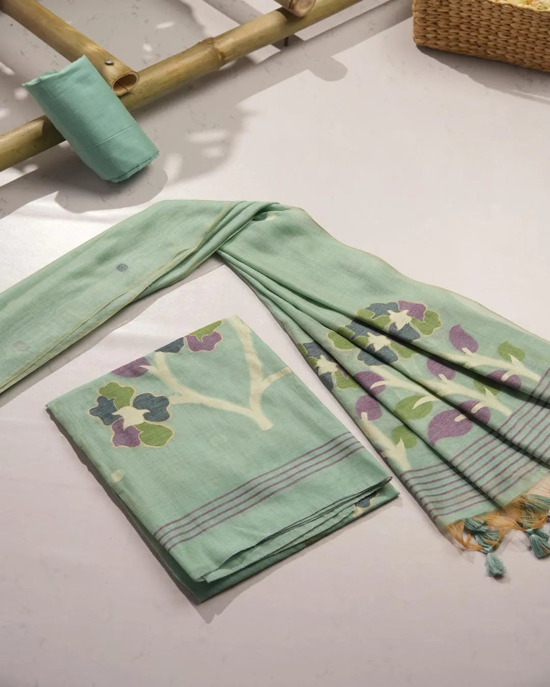 Azure Breeze – Sky Muga Cotton Unstitched Suit with Lotus Motifs