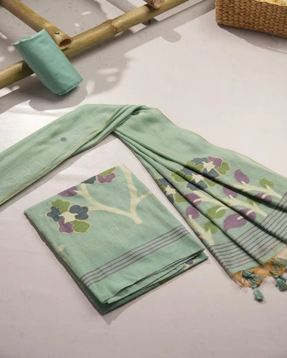 Azure Breeze – Sky Muga Cotton Unstitched Suit with Lotus Motifs