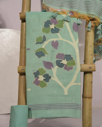 Azure Breeze – Sky Muga Cotton Unstitched Suit with Lotus Motifs