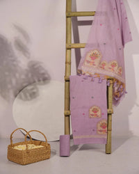 Lavender Lotus Arch Muga Cotton Unstitched Suit Material with Printed Dupatta