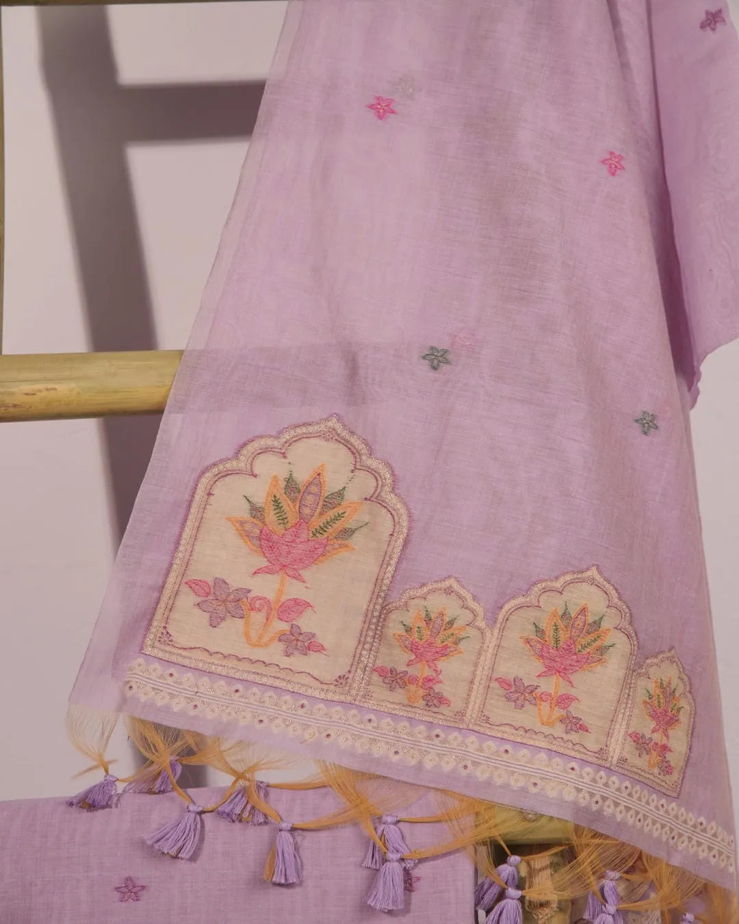 Lavender Lotus Arch Muga Cotton Unstitched Suit Material with Printed Dupatta