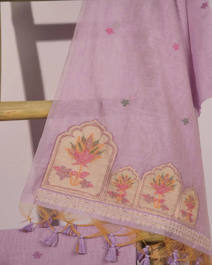 Lavender Lotus Arch Muga Cotton Unstitched Suit Material with Printed Dupatta