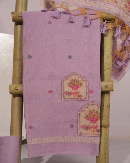 Lavender Lotus Arch Muga Cotton Unstitched Suit Material with Printed Dupatta