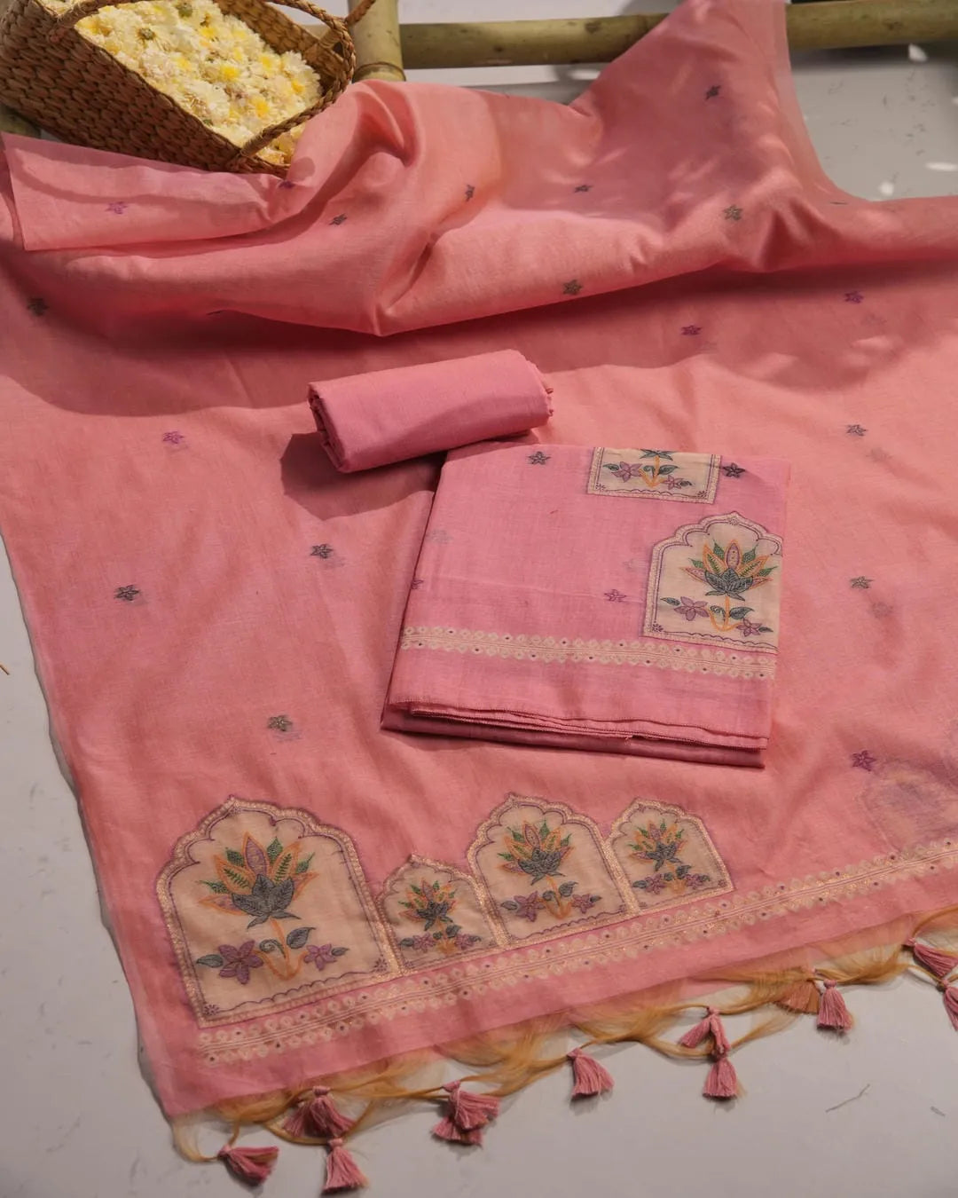 Pista Green Lotus Arch Muga Cotton Unstitched Suit Material with Printed Dupatta