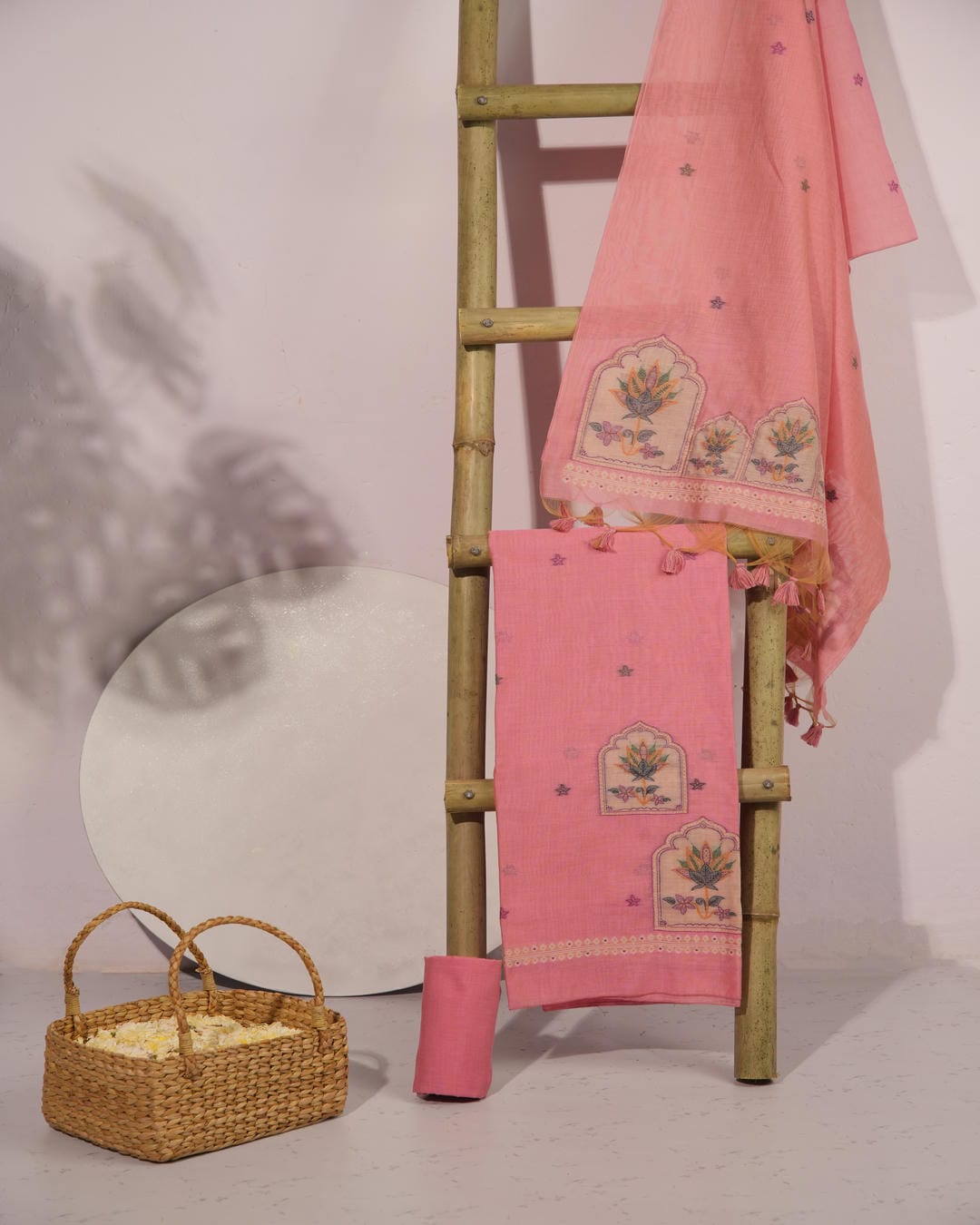 Peach Pink Muga Cotton Unstitched Suit Set