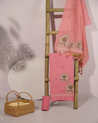 Pink Lotus Arch Muga Cotton Unstitched Suit Material with Printed Dupatta