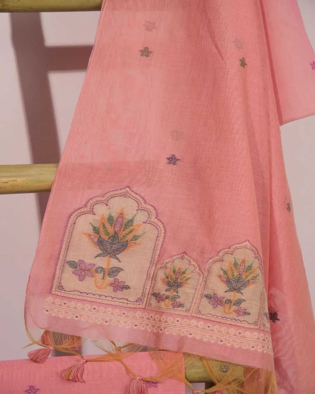 Pink Lotus Arch Muga Cotton Unstitched Suit Material with Printed Dupatta