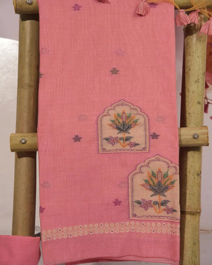 Pink Lotus Arch Muga Cotton Unstitched Suit Material with Printed Dupatta