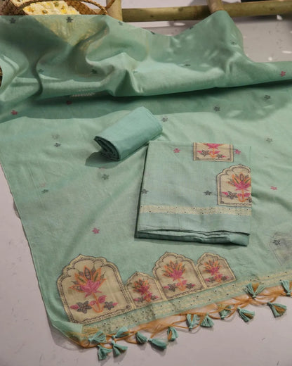 Pista Green Lotus Arch Muga Cotton Unstitched Suit Material with Printed Dupatta
