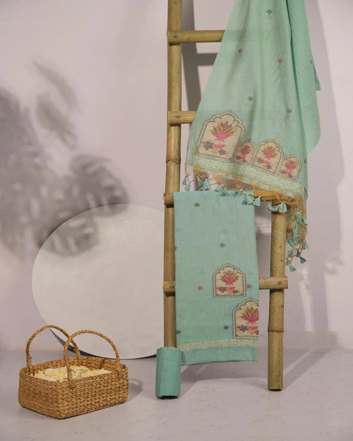Azure Breeze – Sky Muga Cotton Unstitched Suit with Lotus Motifs