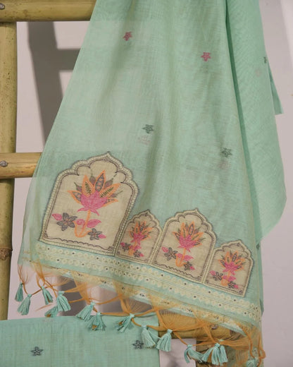 Azure Breeze – Sky Muga Cotton Unstitched Suit with Lotus Motifs