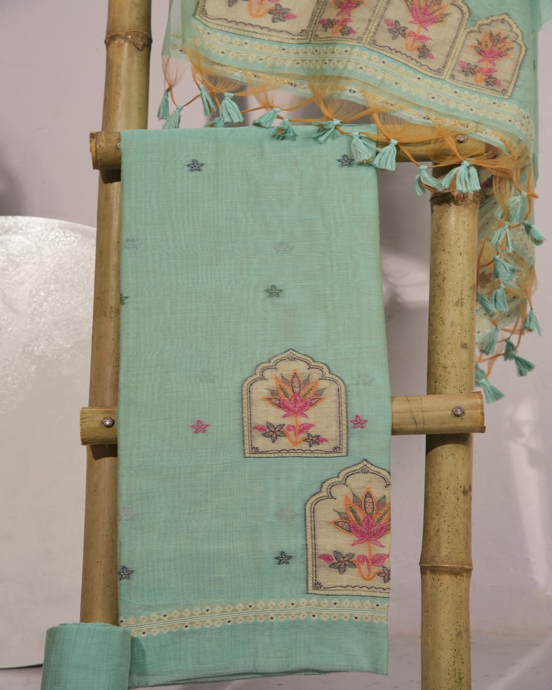 Seafoam Green and Lime Yellow Muga Cotton Unstitched Suit Set