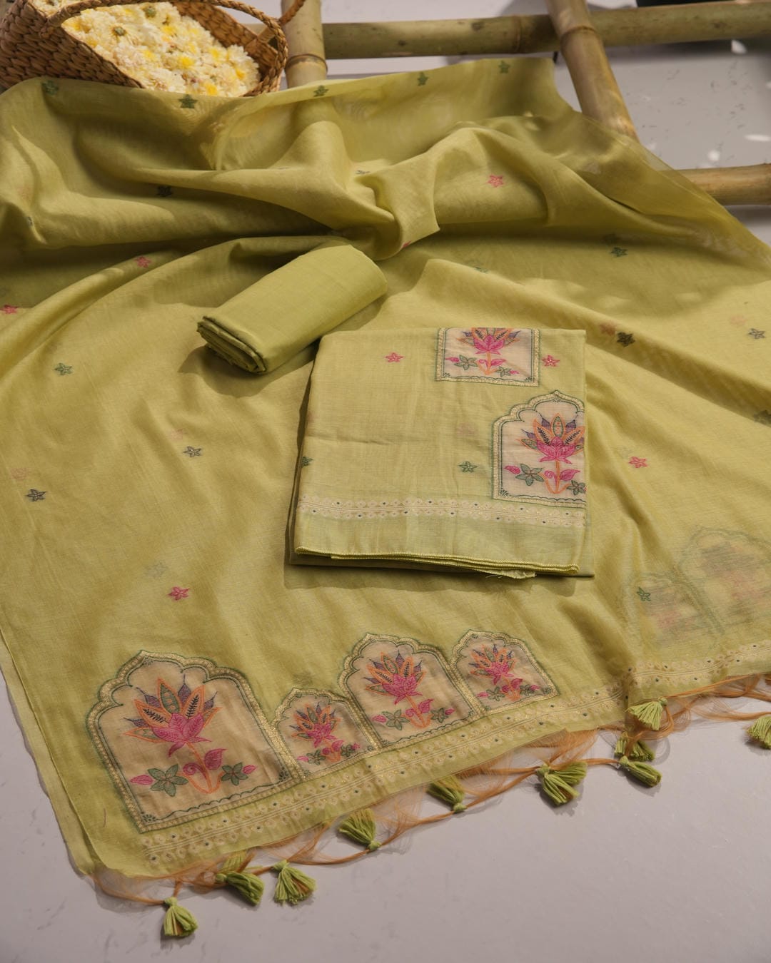 Seafoam Green and Lime Yellow Muga Cotton Unstitched Suit Set