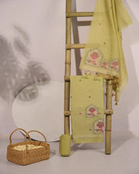 Pista Green Lotus Arch Muga Cotton Unstitched Suit Material with Printed Dupatta