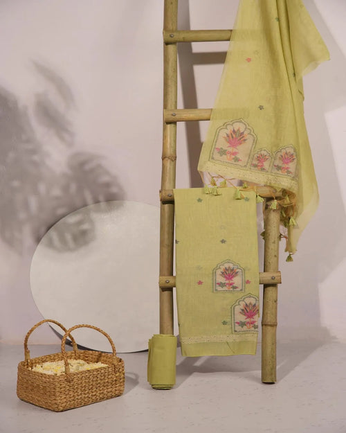 Pista Green Lotus Arch Muga Cotton Unstitched Suit Material with Printed Dupatta