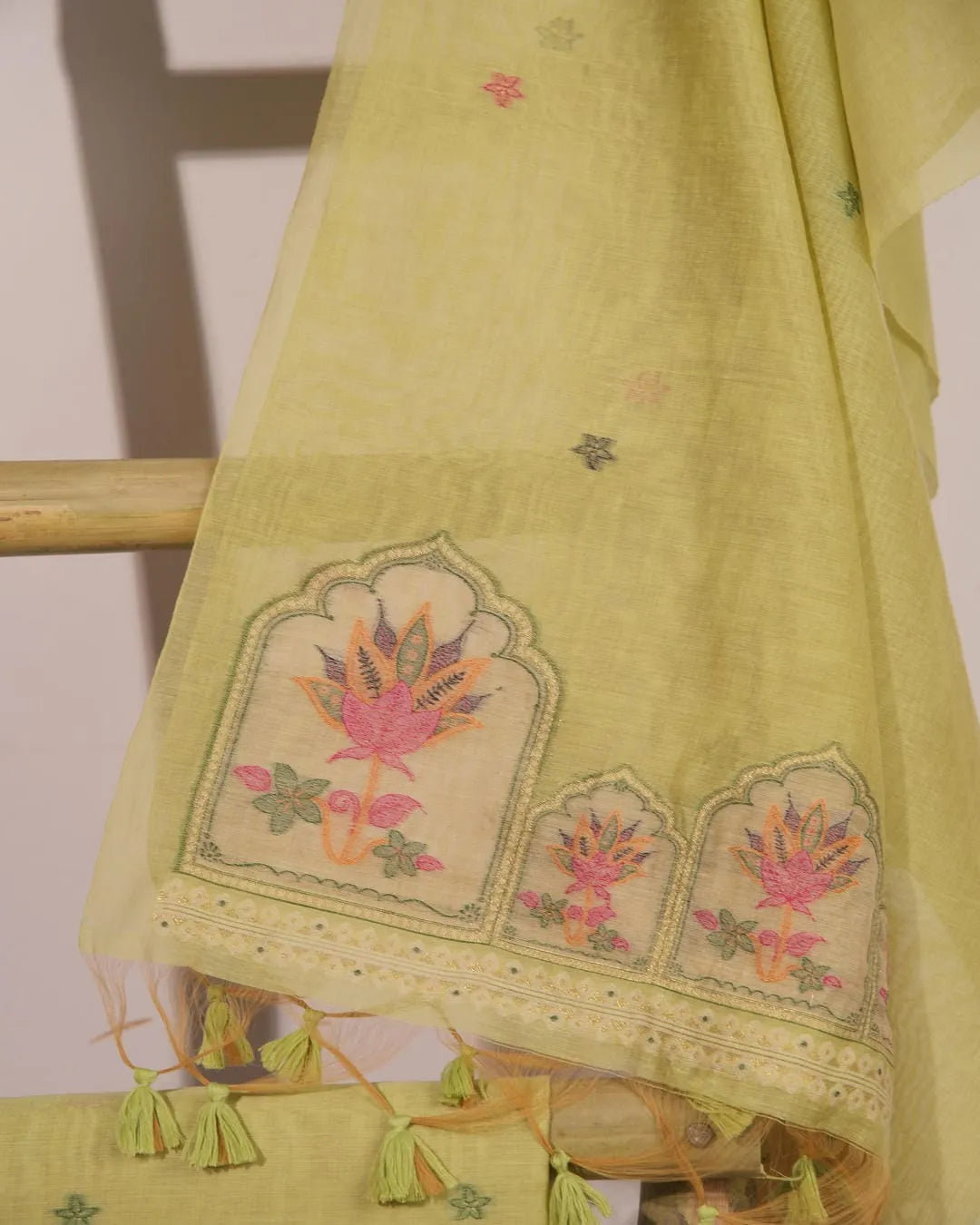 Pista Green Lotus Arch Muga Cotton Unstitched Suit Material with Printed Dupatta