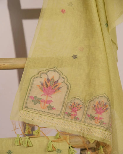 Pista Green Lotus Arch Muga Cotton Unstitched Suit Material with Printed Dupatta