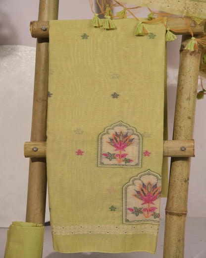 Pista Green Lotus Arch Muga Cotton Unstitched Suit Material with Printed Dupatta