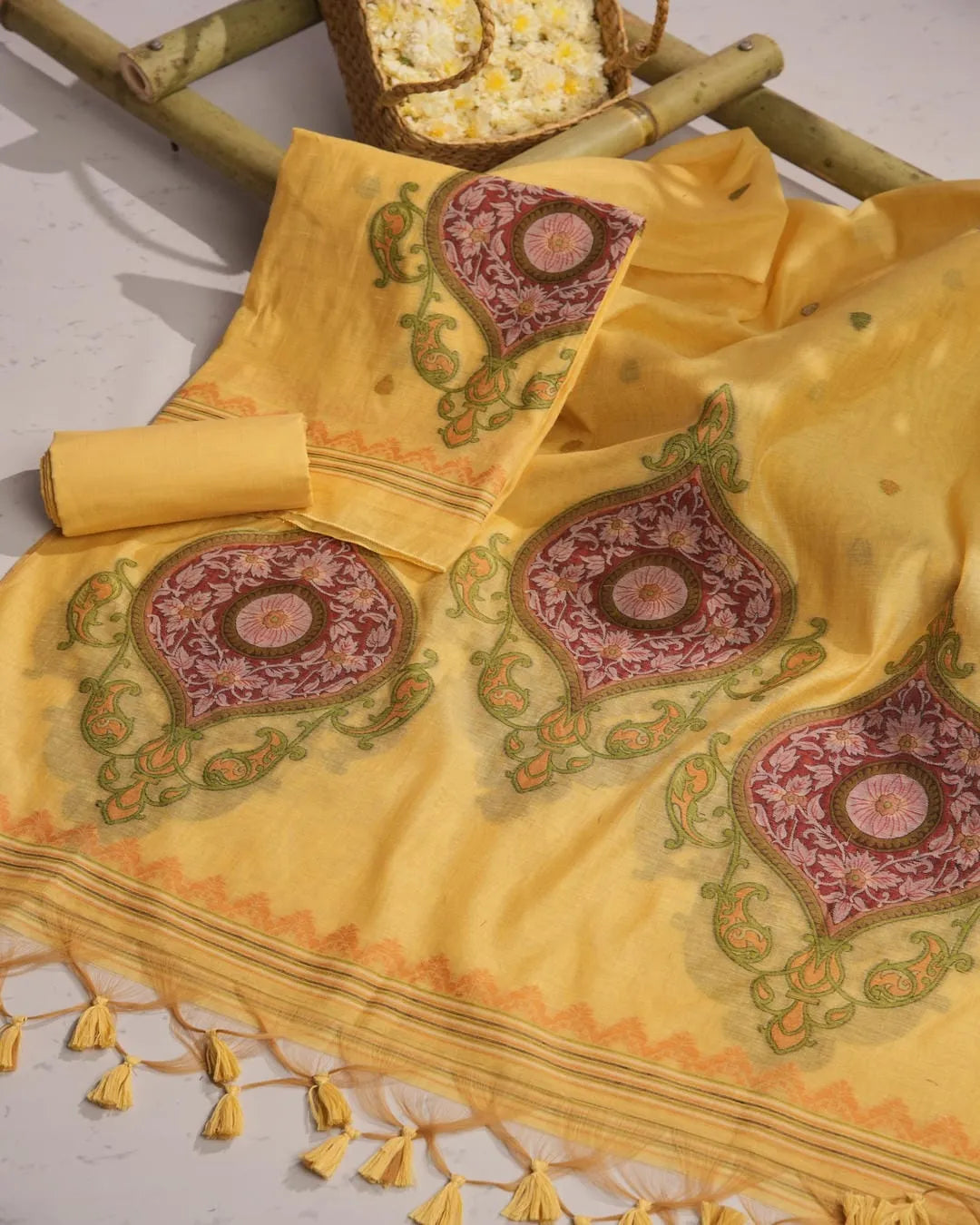 Pista Green Paisley Muga Cotton Unstitched Suit Material with Printed Dupatta